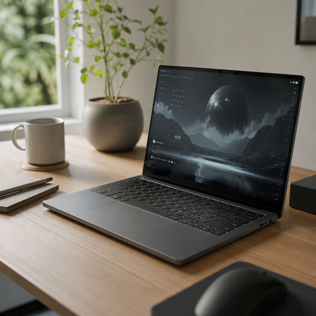 Photorealistic modern AI laptop on a clean wooden desk with soft natural light, minimal home office setup, futuristic but realistic atmosphe