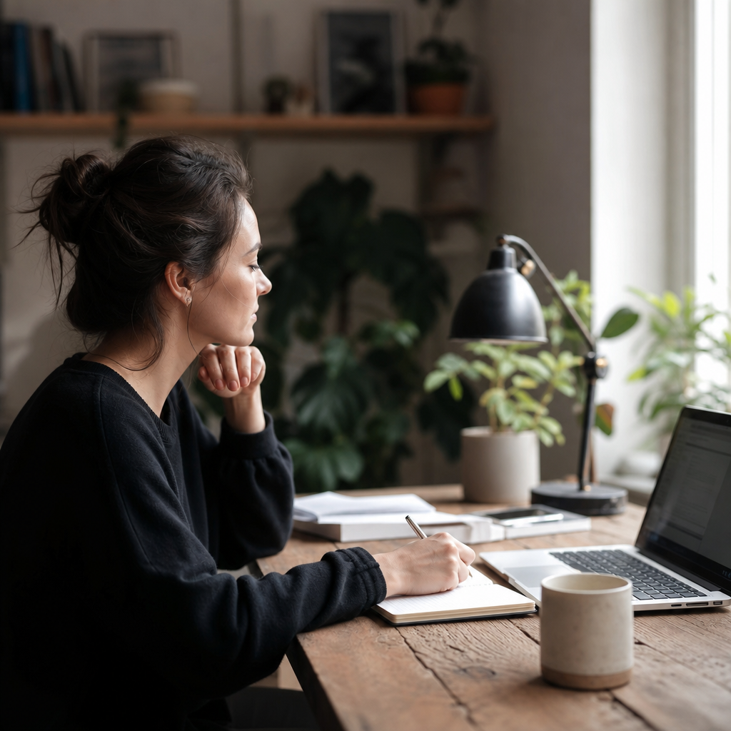 photorealistic cozy desk with laptop, notebook, pen and soft morning light, balanced human and AI work atmosphere