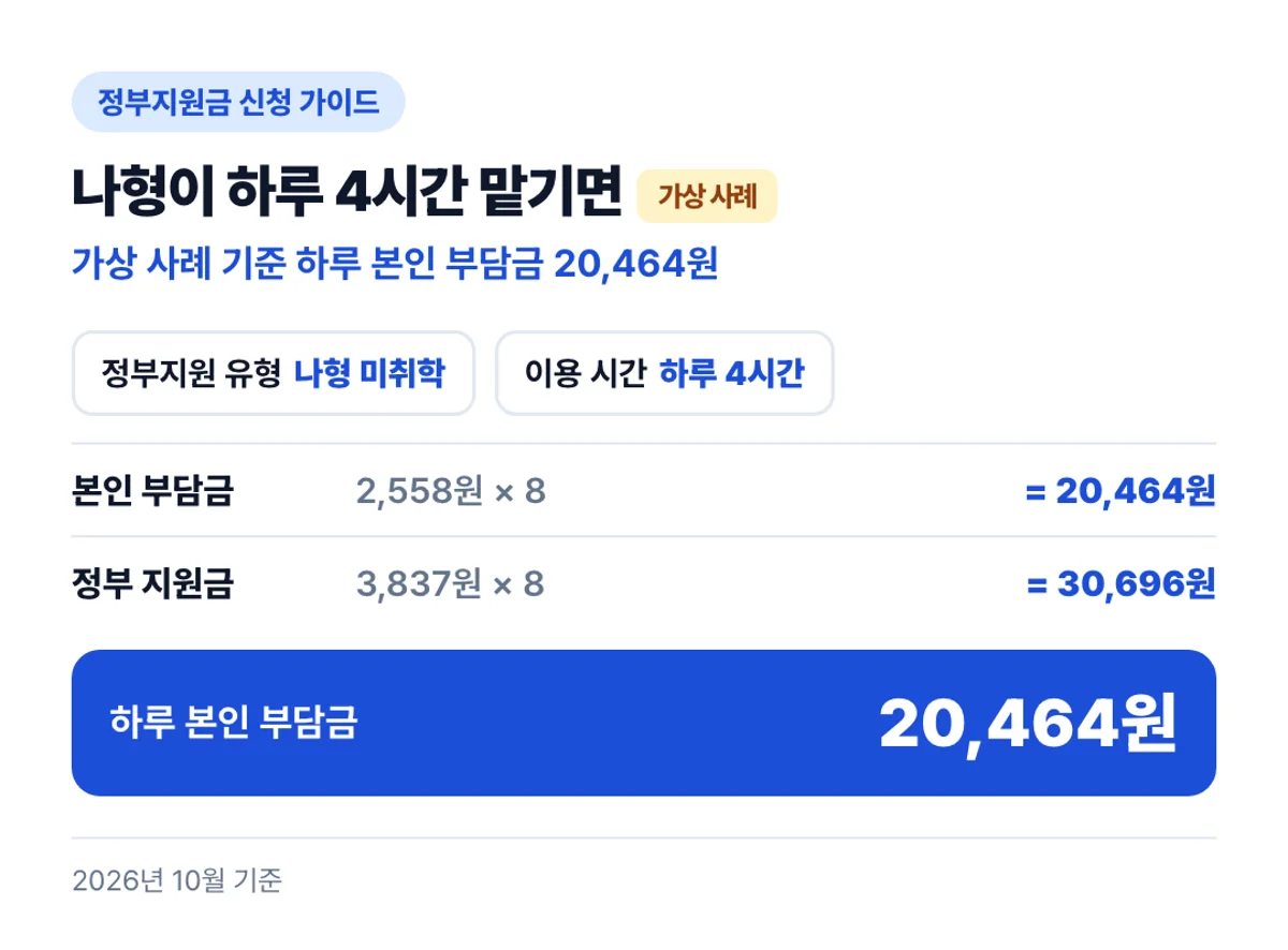 나형이 하루 4시간 맡기면: 가상 사례 기준 하루 본인 부담금 20,464원