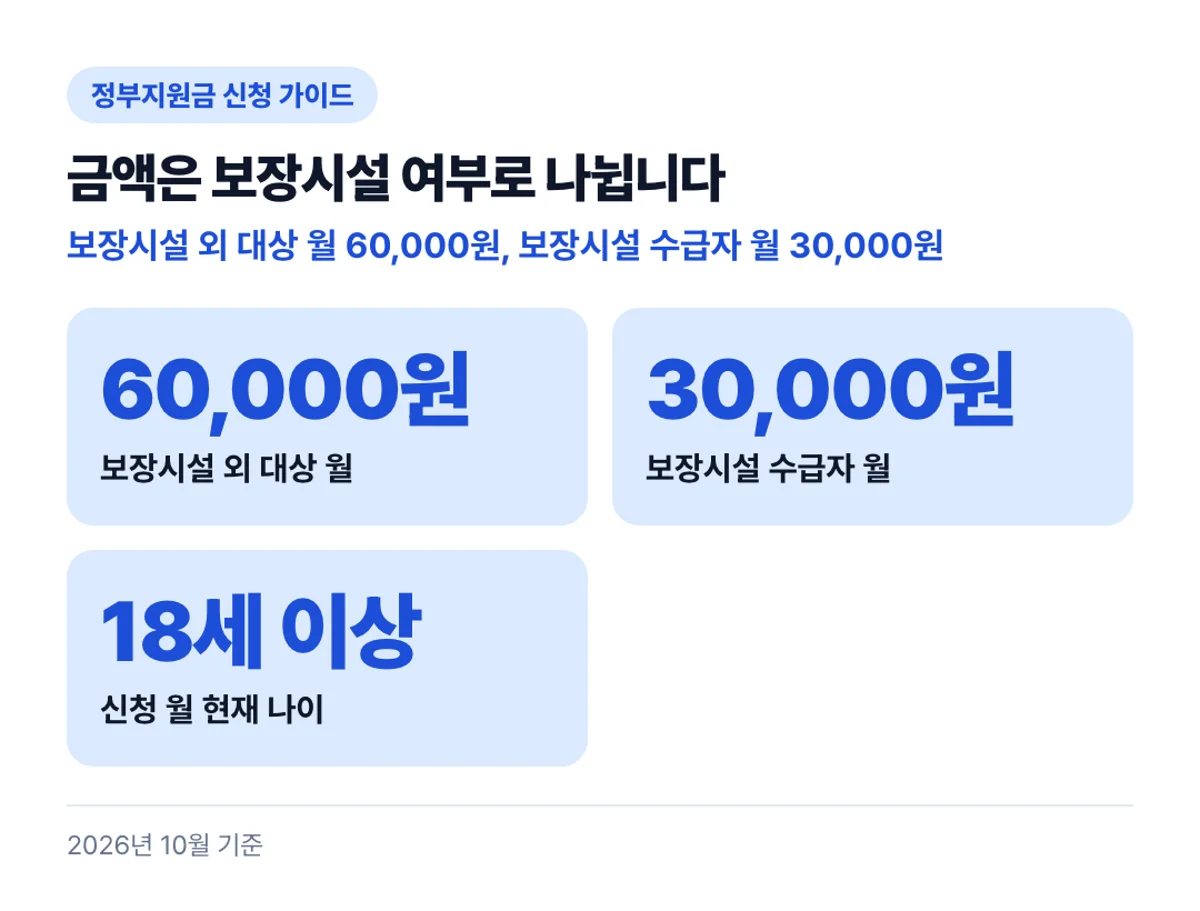 금액은 보장시설 여부로 나뉩니다: 보장시설 외 대상 월 60,000원, 보장시설 수급자 월 30,000원
